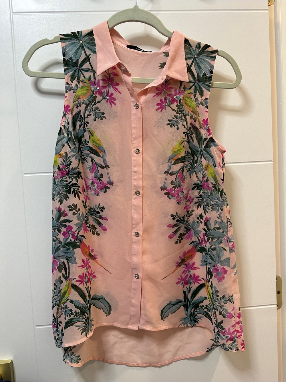 Oasis Pink Tropical Bird Print Sleeveless Blouse - UK size 8